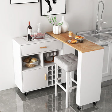 2-in-1 Reversible Mobile Kitchen Island with Rubber Wood Top and Adjustable Shelf for Dinning Room
