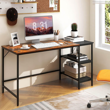 140CM Reversible Computer Desk with 2-tier Storage Shelves & Steel Frame