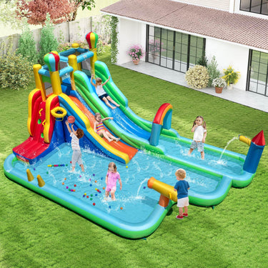 Inflatable Water Park, Dual Water Slides with Climbing Wall and Basketball Rim without Blower