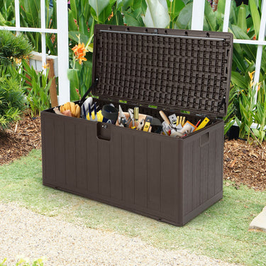 400L Indoor Outdoor Storage Deck Box Bench, Weather Resistant Resin Storage Bin with Lid & Handles