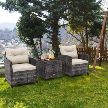 3 Piece Patio Rattan Sofa Set, Outdoor Wicker Conversation Set W/Soft Seat & Back Cushions