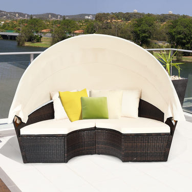 Patio Round Daybed with Retractable Canopy Outdoor Wicker Rattan Furniture Sets
