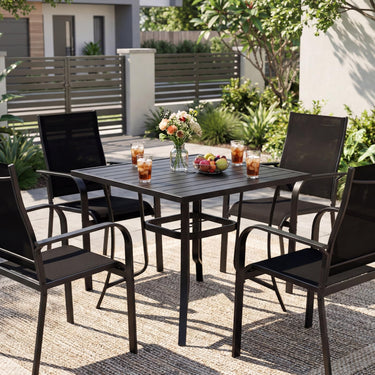 Square Patio Table for 4, 91 cm Square Metal Slat Table with 4-6 cm Adjustable Umbrella Hole