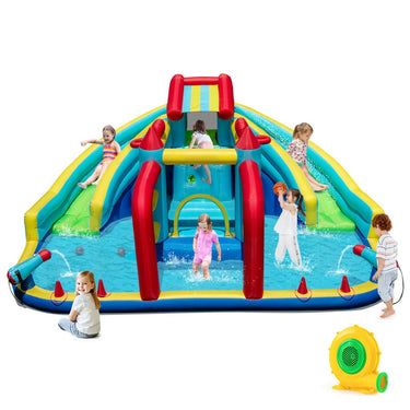 Inflatable Double Water Slide Park with Obstacle Course and Basketball Hoops