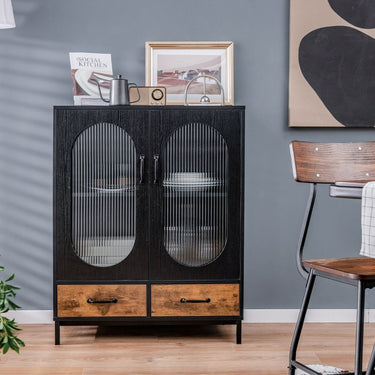 Industrial Floor Buffet Sideboard with Tempered Glass Doors & 2 Drawers