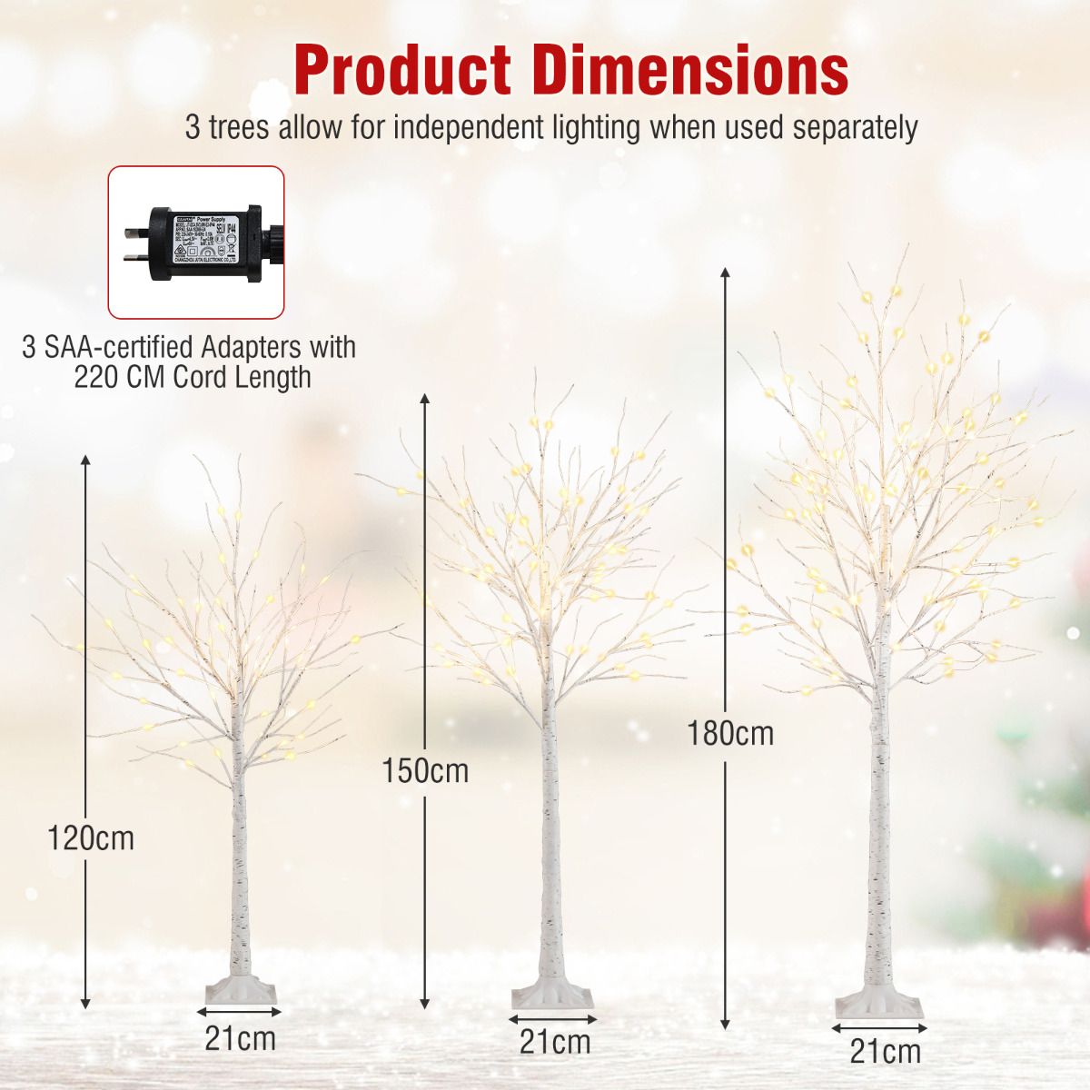 Lighted Birch Tree Set of 3 1.2/1.5/1.8M Pre-Lit Artificial Christmas ...