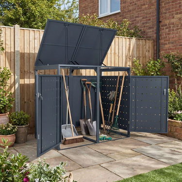 Outdoor Metal Garbage Bin Storage Shed for 2 Trash Cans with Lockable Doors