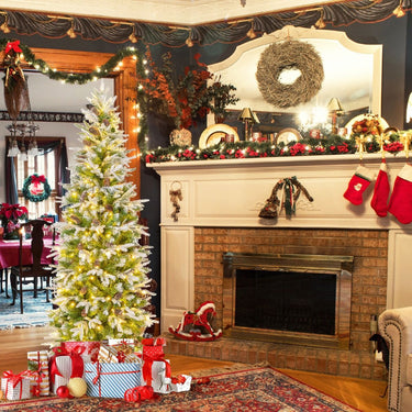 Pre-Lit Artificial Christmas Tree Snow Flocked Hinged Xmas Tree